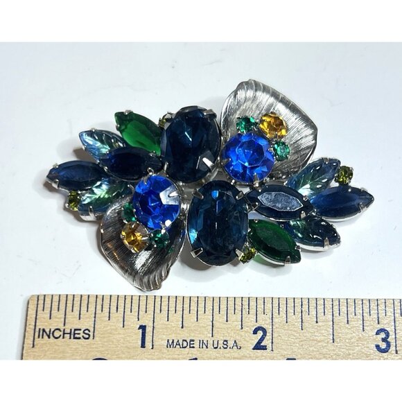 Juliana D&E Blue Green Rhinestones Brooch Earrings Set Molded Navettes #1748 - Picture 8 of 10